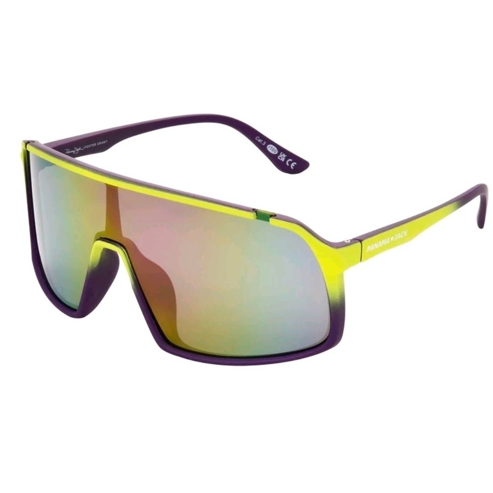 Panama Jack Foster Grant Shield Sunglasses Neon Yellow Purple Mirror 100% UVA